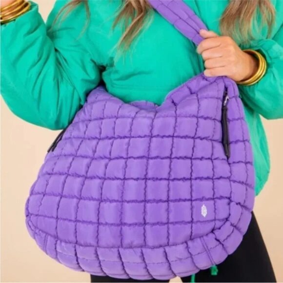 FREE PEOPLE Movement Quilted Carryall Bag Puffer Vivid Violet Purse Zipper Rare - Picture 2 of 12